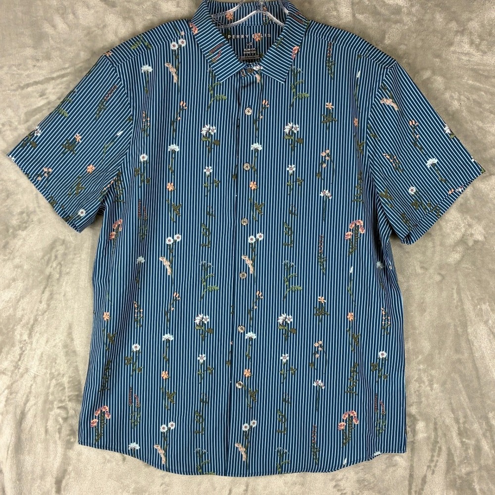 Perry Ellis Mens Slim Fit Stretch Floral Stripe Short Sleeve Button Down Shirt L